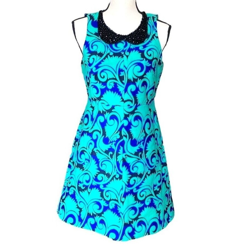 Stunning‎ Sleeveless Beaded Collar Dress Bold Blue Teal Print A-Line Women 4 - Picture 2 of 15